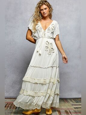 P03. POL Cream Boho Lace-Trim Maxi Dress